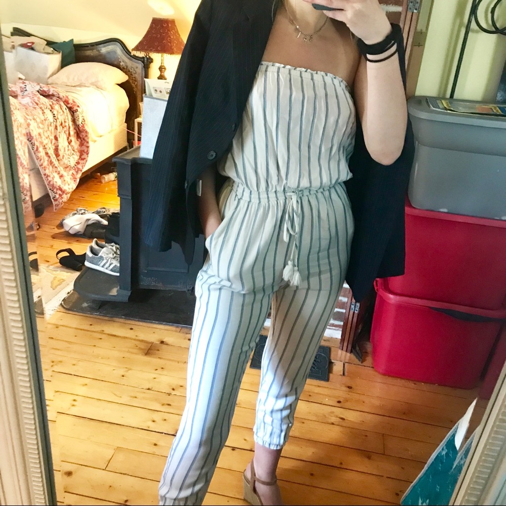 Strapless, blue and white striped jumpsuit